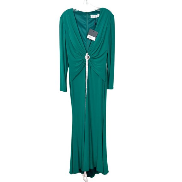 NWT MacDuggal Gathered Pearl Long Sleeve Keyhole Gown Emerald 10 - Picture 3 of 8